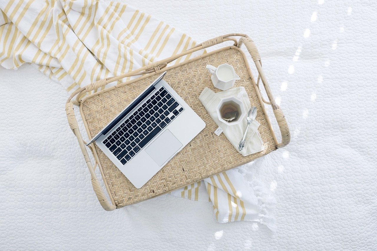 laptop computer, tray, tea